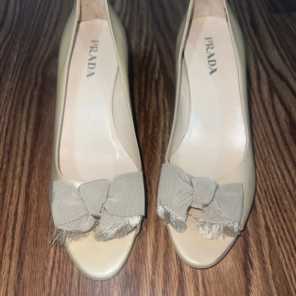 Prada Women's Cream Peep-Toe Heels with Bow